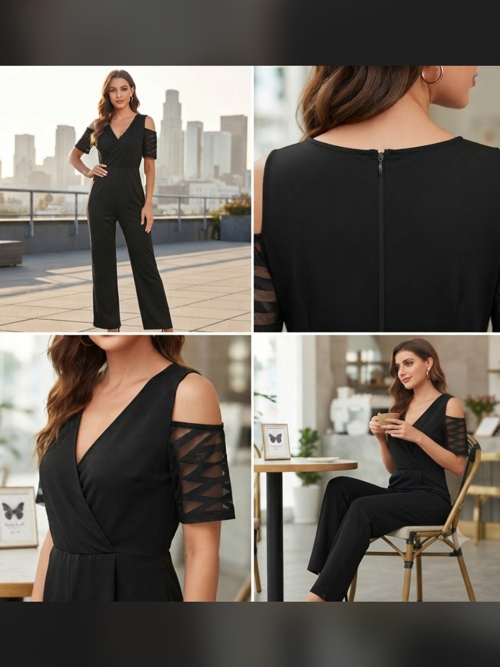 Cold-Shoulder V-Neck Black Jumpsuit with Sheer Sleeve Detail